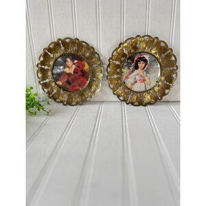 Vintage Ornate Brass Wall Plates With Romantic Portraits